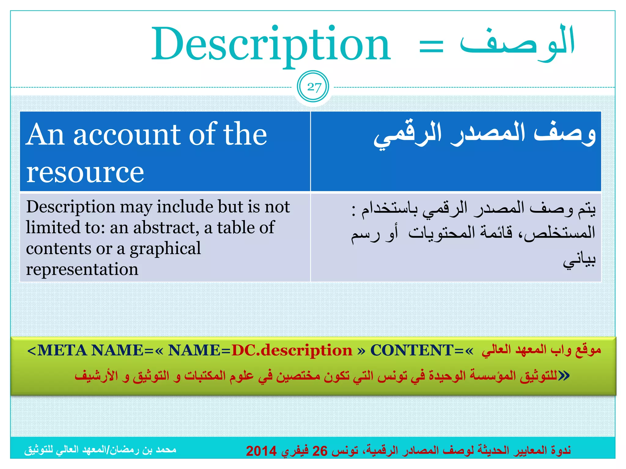 ‫الوصف = ‪Description‬‬
‫72‬

‫وصف المصدر الرقمي‬
‫يتم وصف المصدر الرقمي باستخدام :‬
‫المستخلص، قائمة المحتويات أو رسم‬
‫بياني‬

‫‪An account of the‬‬
‫‪resource‬‬
‫‪Description may include but is not‬‬
‫‪limited to: an abstract, a table of‬‬
‫‪contents or a graphical‬‬
‫‪representation‬‬

‫موقع واب المعهد العالي «=‪<META NAME=« NAME=DC.description » CONTENT‬‬
‫»للتوثيق المؤسسة الوحيدة في تونس التي تكون مختصين في علوم المكتبات و التوثيق و األرشيف‬

‫ندوة المعايير الحديثة لوصف المصادر الرقمية، تونس 62 فيفري 4102‬

‫محمد بن رمضان/المعهد العالي للتوثيق‬

 