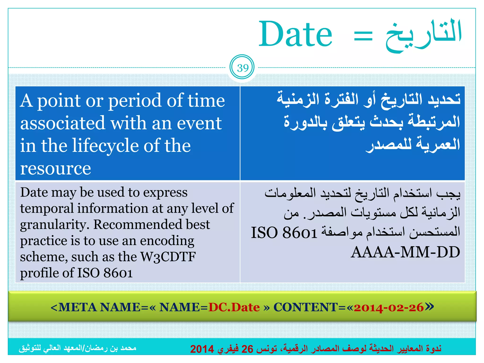 Date = ‫التاريخ‬
39

A point or period of time
associated with an event
in the lifecycle of the
resource
Date may be used to express
temporal information at any level of
granularity. Recommended best
practice is to use an encoding
scheme, such as the W3CDTF
profile of ISO 8601

‫تحديد التاريخ أو الفترة الزمنية‬
‫المرتبطة بحدث يتعلق بالدورة‬
‫العمرية للمصدر‬
‫يجب استخدام التاريخ لتحديد المعلومات‬
‫الزمانية لكل مستويات المصدر. من‬
ISO 8601 ‫المستحسن استخدام مواصفة‬
AAAA-MM-DD

<META NAME=« NAME=DC.Date » CONTENT=«2014-02-26»
‫محمد بن رمضان/المعهد العالي للتوثيق‬

2014 ‫ندوة المعايير الحديثة لوصف المصادر الرقمية، تونس 62 فيفري‬

 