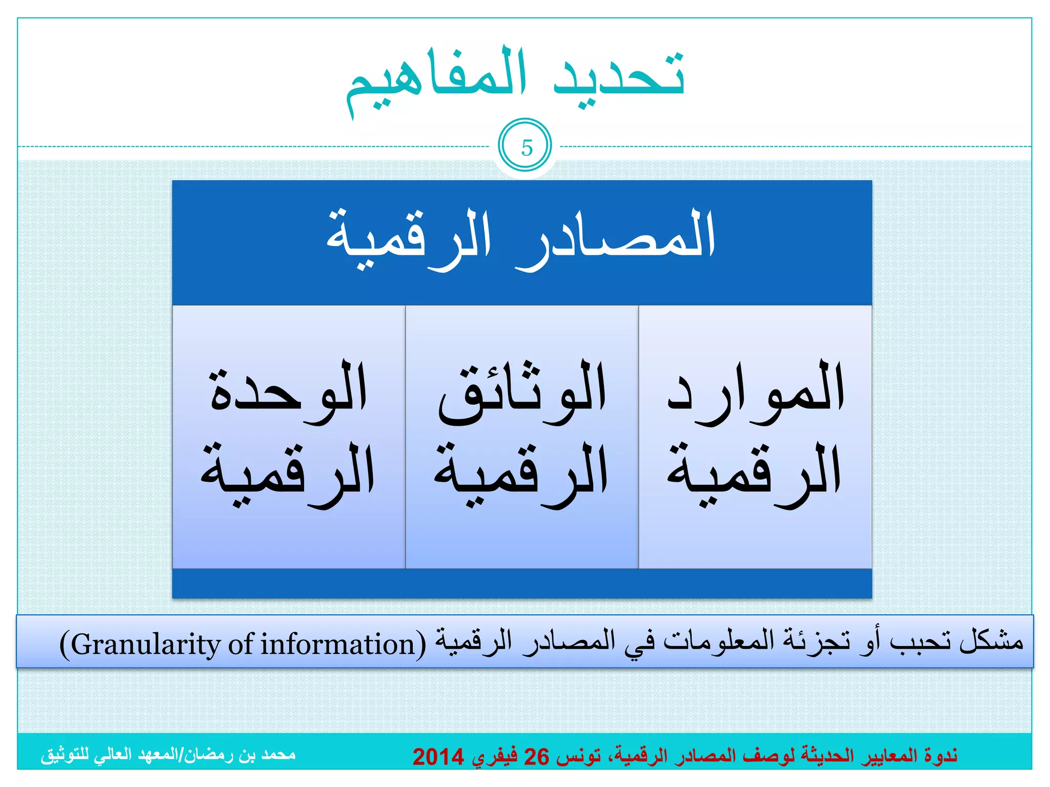 ‫تحديد المفاهيم‬
‫5‬

‫المصادر الرقمية‬

‫الموارد الوثائق الوحدة‬
‫الرقمية الرقمية الرقمية‬
‫مشكل تحبب أو تجزئة المعلومات في المصادر الرقمية (‪)Granularity of information‬‬
‫ندوة المعايير الحديثة لوصف المصادر الرقمية، تونس 62 فيفري 4102‬

‫محمد بن رمضان/المعهد العالي للتوثيق‬

 