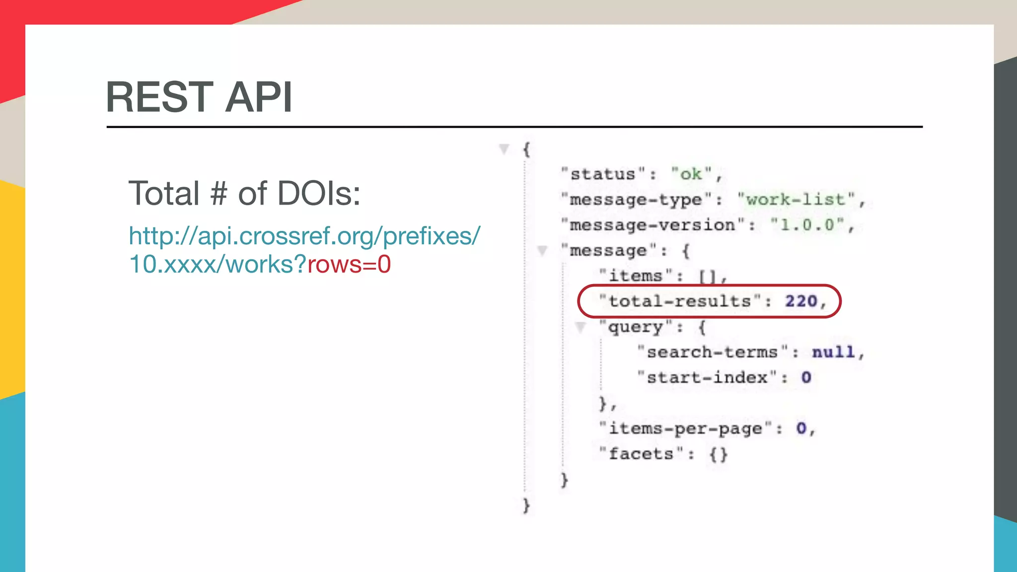 Total # of DOIs:

http://api.crossref.org/prefixes/
10.xxxx/works?rows=0
REST API
 