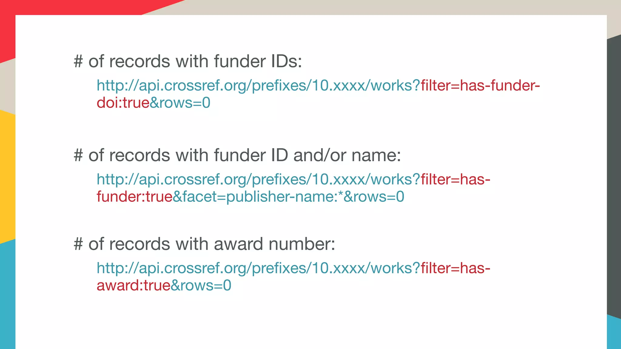 # of records with funder IDs:

http://api.crossref.org/prefixes/10.xxxx/works?filter=has-funder-
doi:true&rows=0

# of records with funder ID and/or name:

http://api.crossref.org/prefixes/10.xxxx/works?filter=has-
funder:true&facet=publisher-name:*&rows=0

# of records with award number:

http://api.crossref.org/prefixes/10.xxxx/works?filter=has-
award:true&rows=0

 
