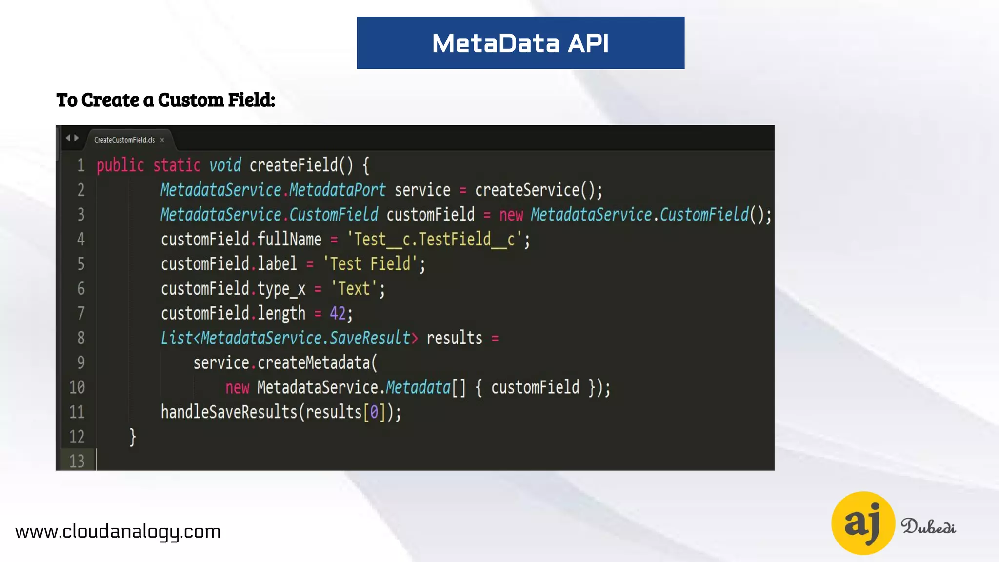 To Create a Custom Field:
www.cloudanalogy.com
MetaData API
 