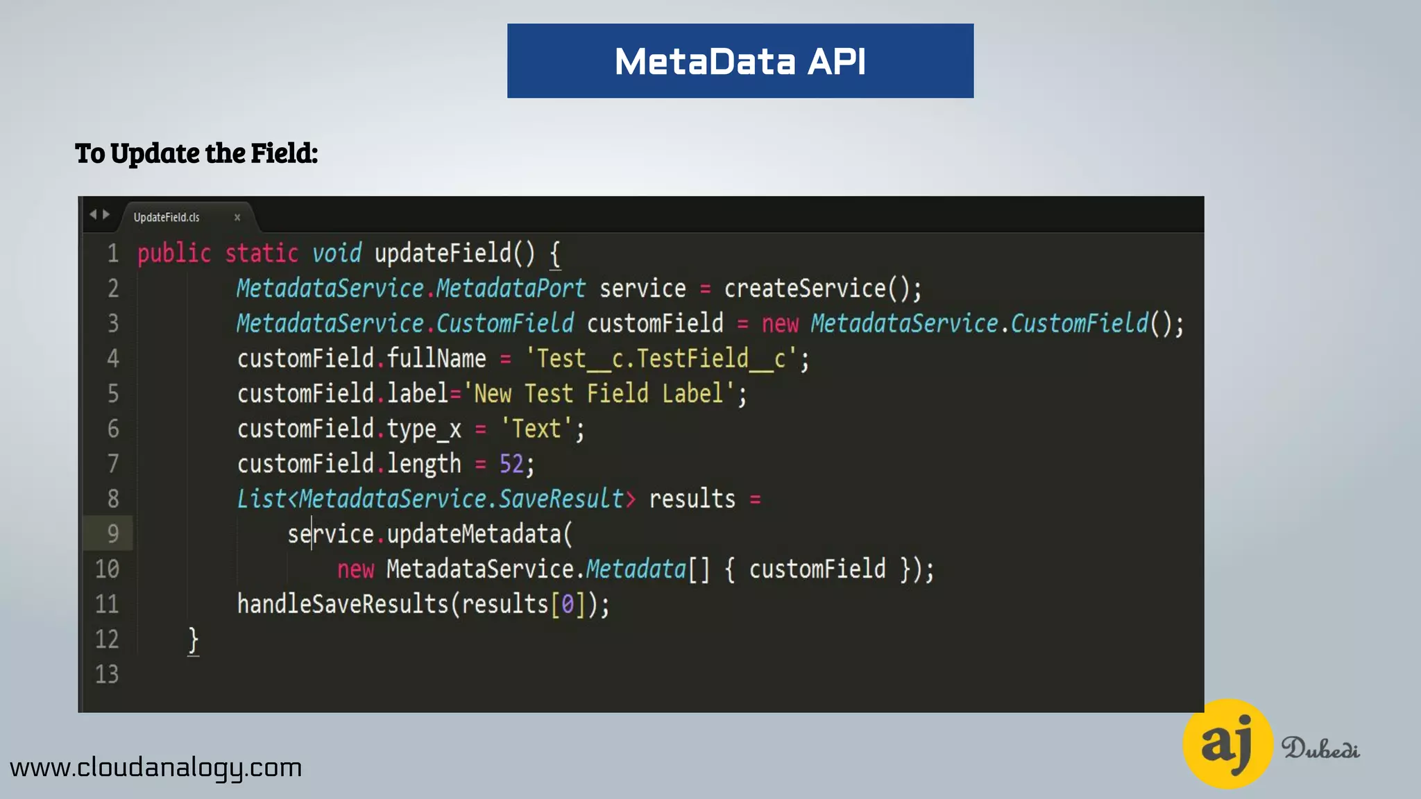 To Update the Field:
www.cloudanalogy.com
MetaData API
 