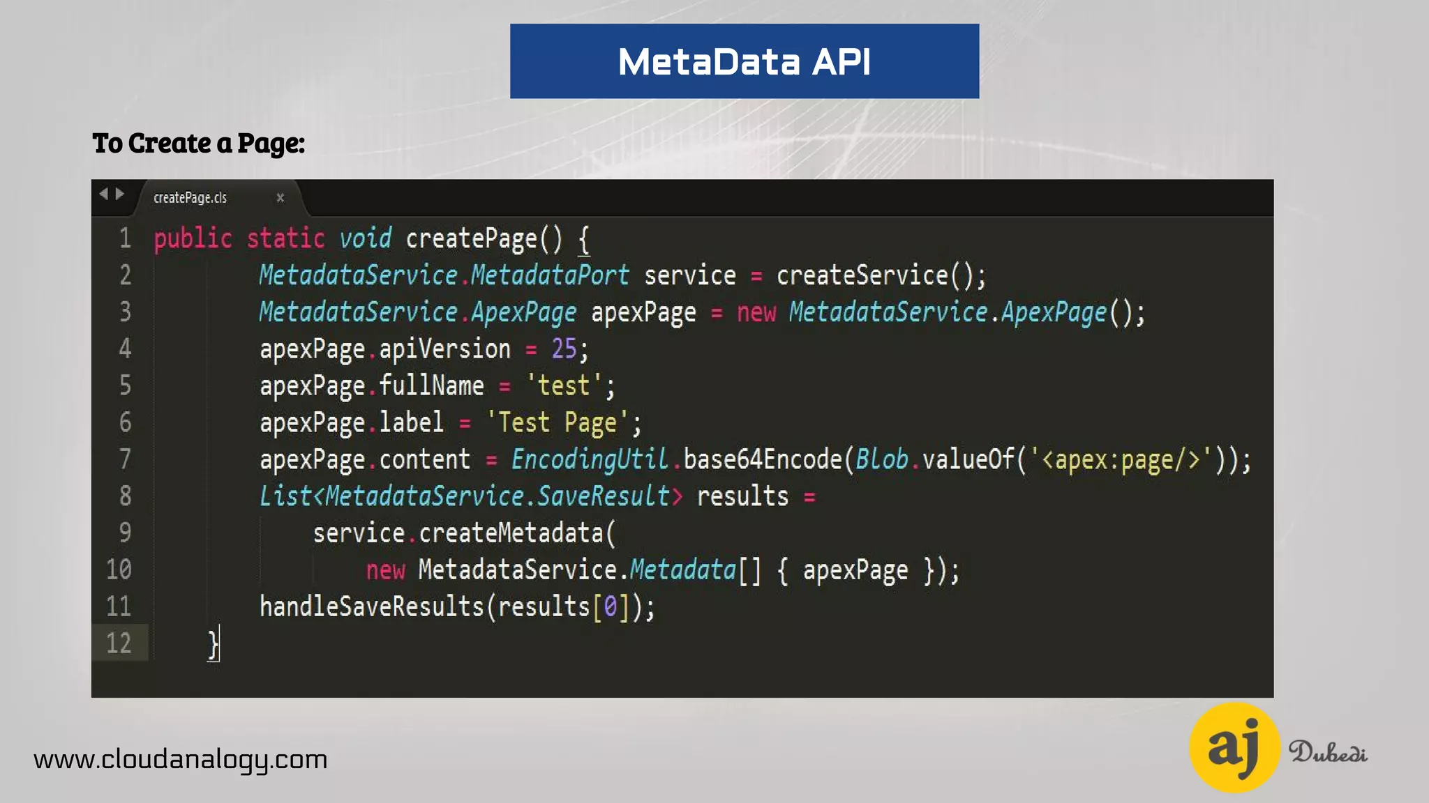 To Create a Page:
www.cloudanalogy.com
MetaData API
 