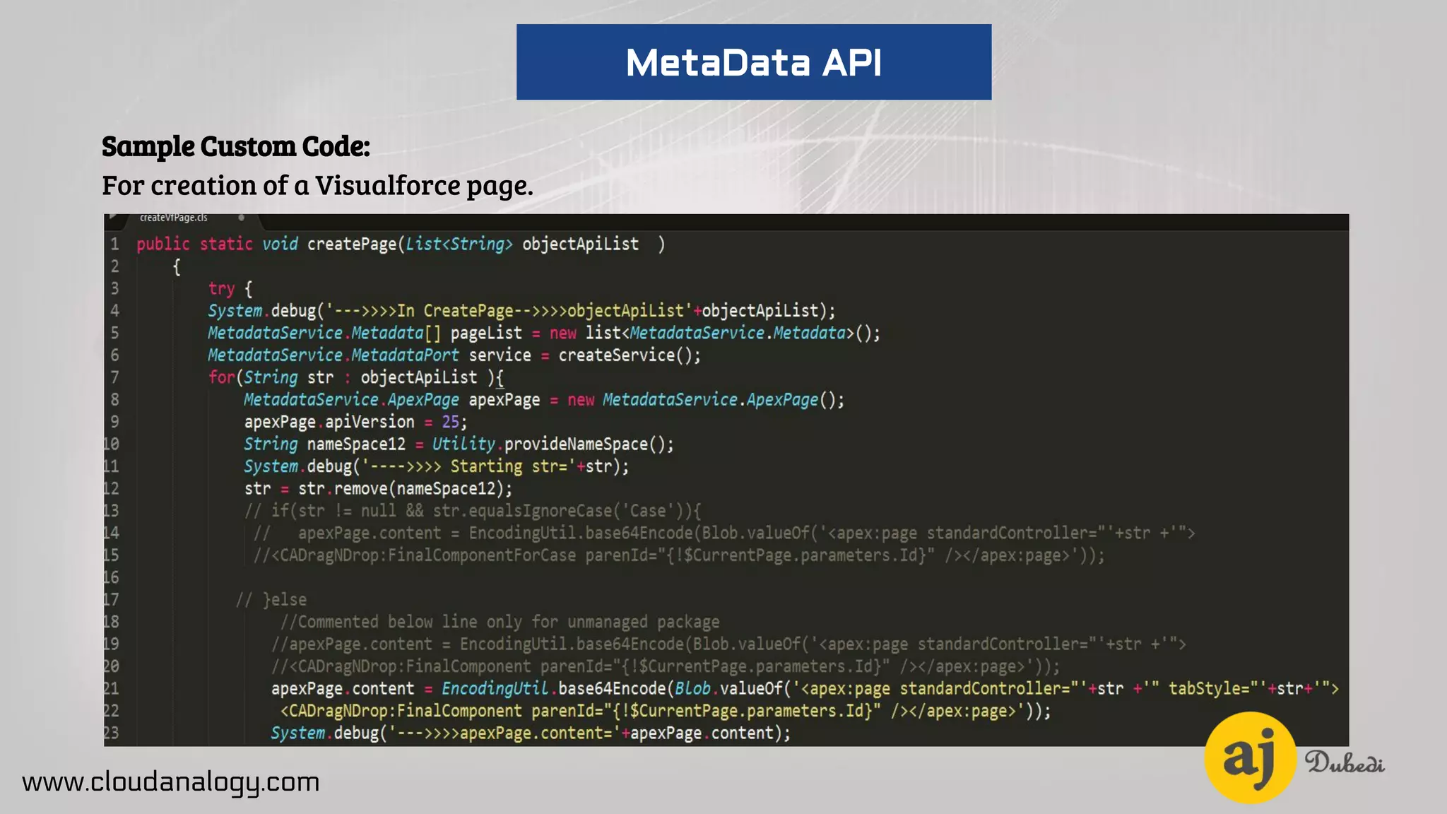 Sample Custom Code:
For creation of a Visualforce page.
www.cloudanalogy.com
MetaData API
 