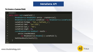 To Create a Custom Field:
www.cloudanalogy.com
MetaData API
 
