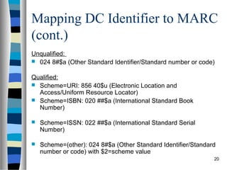 Mapping DC Identifier to MARC
(cont.)
Unqualified:
 024 8#$a (Other Standard Identifier/Standard number or code)


Qualified:
 Scheme=URI: 856 40$u (Electronic Location and
  Access/Uniform Resource Locator)
 Scheme=ISBN: 020 ##$a (International Standard Book
  Number)

   Scheme=ISSN: 022 ##$a (International Standard Serial
    Number)

   Scheme=(other): 024 8#$a (Other Standard Identifier/Standard
    number or code) with $2=scheme value
                                                               20
 
