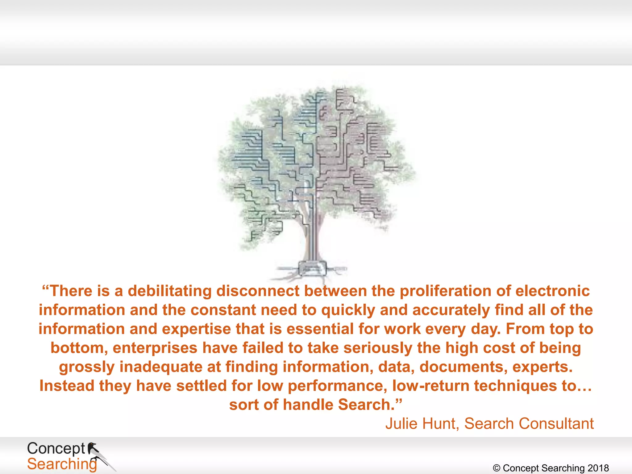 © Concept Searching 2018
“There is a debilitating disconnect between the proliferation of electronic
information and the constant need to quickly and accurately find all of the
information and expertise that is essential for work every day. From top to
bottom, enterprises have failed to take seriously the high cost of being
grossly inadequate at finding information, data, documents, experts.
Instead they have settled for low performance, low-return techniques to…
sort of handle Search.”
Julie Hunt, Search Consultant
 