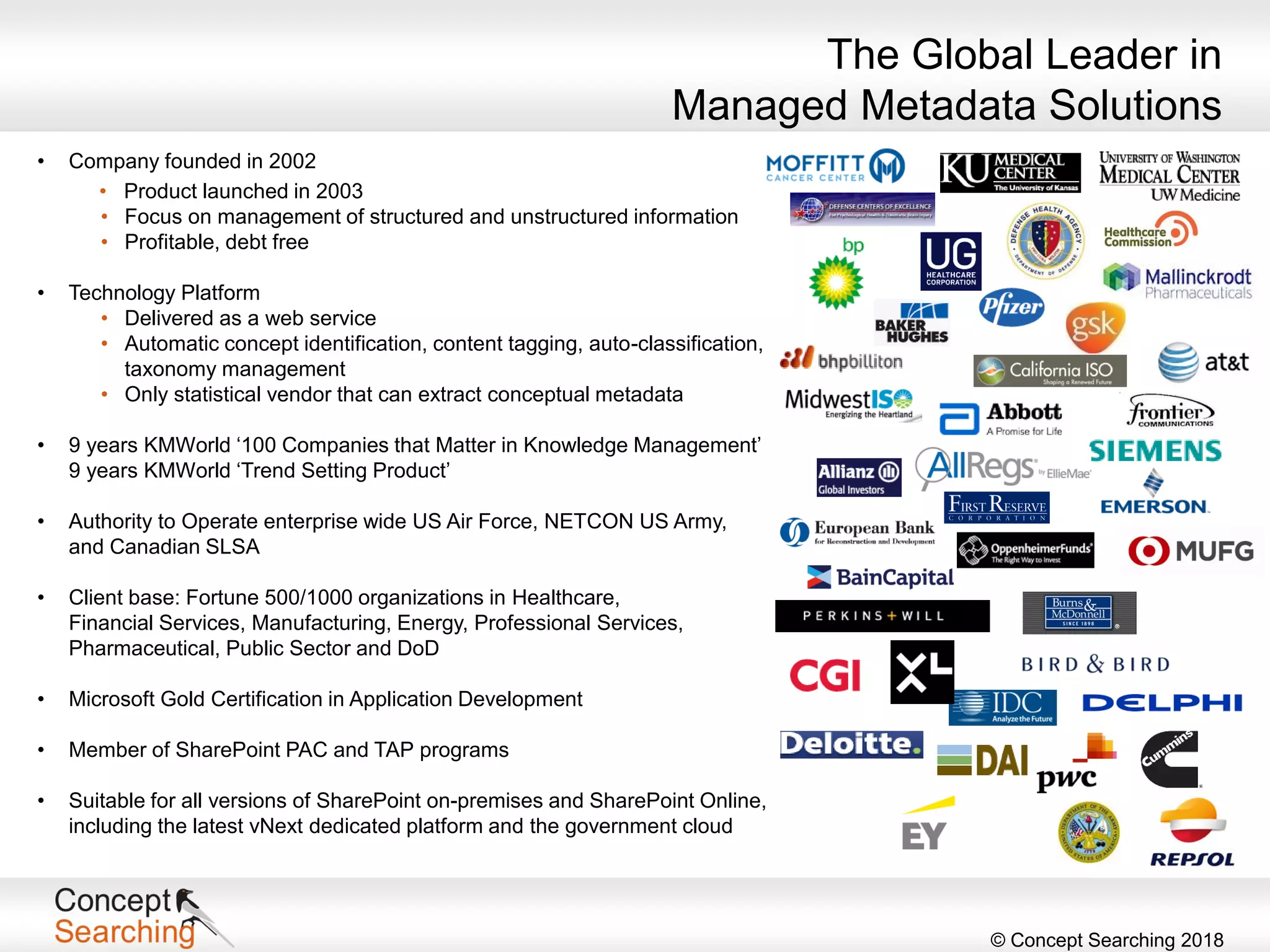 © Concept Searching 2018
• Company founded in 2002
• Product launched in 2003
• Focus on management of structured and unstructured information
• Profitable, debt free
• Technology Platform
• Delivered as a web service
• Automatic concept identification, content tagging, auto-classification,
taxonomy management
• Only statistical vendor that can extract conceptual metadata
• 9 years KMWorld ‘100 Companies that Matter in Knowledge Management’
9 years KMWorld ‘Trend Setting Product’
• Authority to Operate enterprise wide US Air Force, NETCON US Army,
and Canadian SLSA
• Client base: Fortune 500/1000 organizations in Healthcare,
Financial Services, Manufacturing, Energy, Professional Services,
Pharmaceutical, Public Sector and DoD
• Microsoft Gold Certification in Application Development
• Member of SharePoint PAC and TAP programs
• Suitable for all versions of SharePoint on-premises and SharePoint Online,
including the latest vNext dedicated platform and the government cloud
The Global Leader in
Managed Metadata Solutions
 