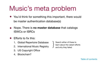 Music’s meta problem
You’d think for something this important, there would

be master authentication database(s)
Table of contents
Nope. There is no master database that catalogs
ISWCs or ISRCs
Eﬀorts to ﬁx this:

1. Global Repertoire Database 

2. International Music Registry

3. US Copyright Oﬃce

4. Blockchain?
Search either of these to
learn about the valiant eﬀorts
and why they failed
}
 