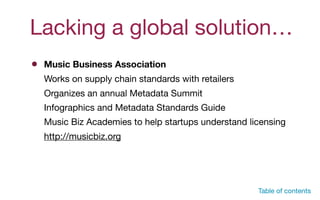 Lacking a global solution…
Table of contents
Music Business Association
Works on supply chain standards with retailers

Organizes an annual Metadata Summit 

Infographics and Metadata Standards Guide

Music Biz Academies to help startups understand licensing

http://musicbiz.org
 