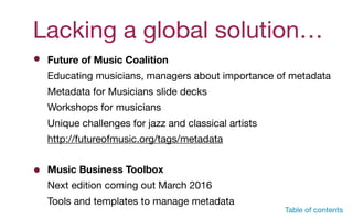 Table of contents
Future of Music Coalition
Educating musicians, managers about importance of metadata

Metadata for Musicians slide decks

Workshops for musicians

Unique challenges for jazz and classical artists

http://futureofmusic.org/tags/metadata

Lacking a global solution…
Music Business Toolbox
Next edition coming out March 2016

Tools and templates to manage metadata

 