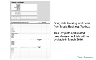 Song data tracking workbook
from Music Business Toolbox

This template and related  
pre-release checklists will be
available in March 2016.
Table of contents
 