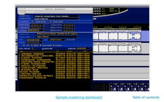 Sample mastering dashboard Table of contents
 