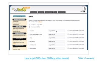 How to get ISRCs from CD Baby (video tutorial) Table of contents
 
