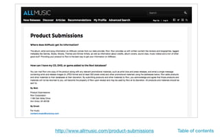 http://www.allmusic.com/product-submissions Table of contents
 