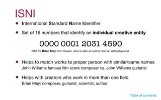 ISNI
Set of 16 numbers that identify an individual creative entity
Helps to match works to proper person with similar/same names 
John Williams famous ﬁlm score composer vs. John Williams guitarist
0000 0001 2031 4590
ISNI for Brian May from Queen, who is also an author and an astrophysicist
Table of contents
International Standard Name Identiﬁer
Helps with creators who work in more than one ﬁeld 
Brian May: composer, guitarist, scientist, author
 