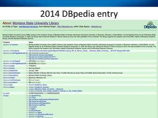 Summary
• Define library organization in Wikipedia
– Beware of *pedia culture and process
• Engage with other trusted data...