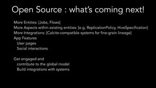 Open Source : what’s coming next!
More Entities: [Jobs, Flows]
More Aspects within existing entities: [e.g. ReplicationPol...