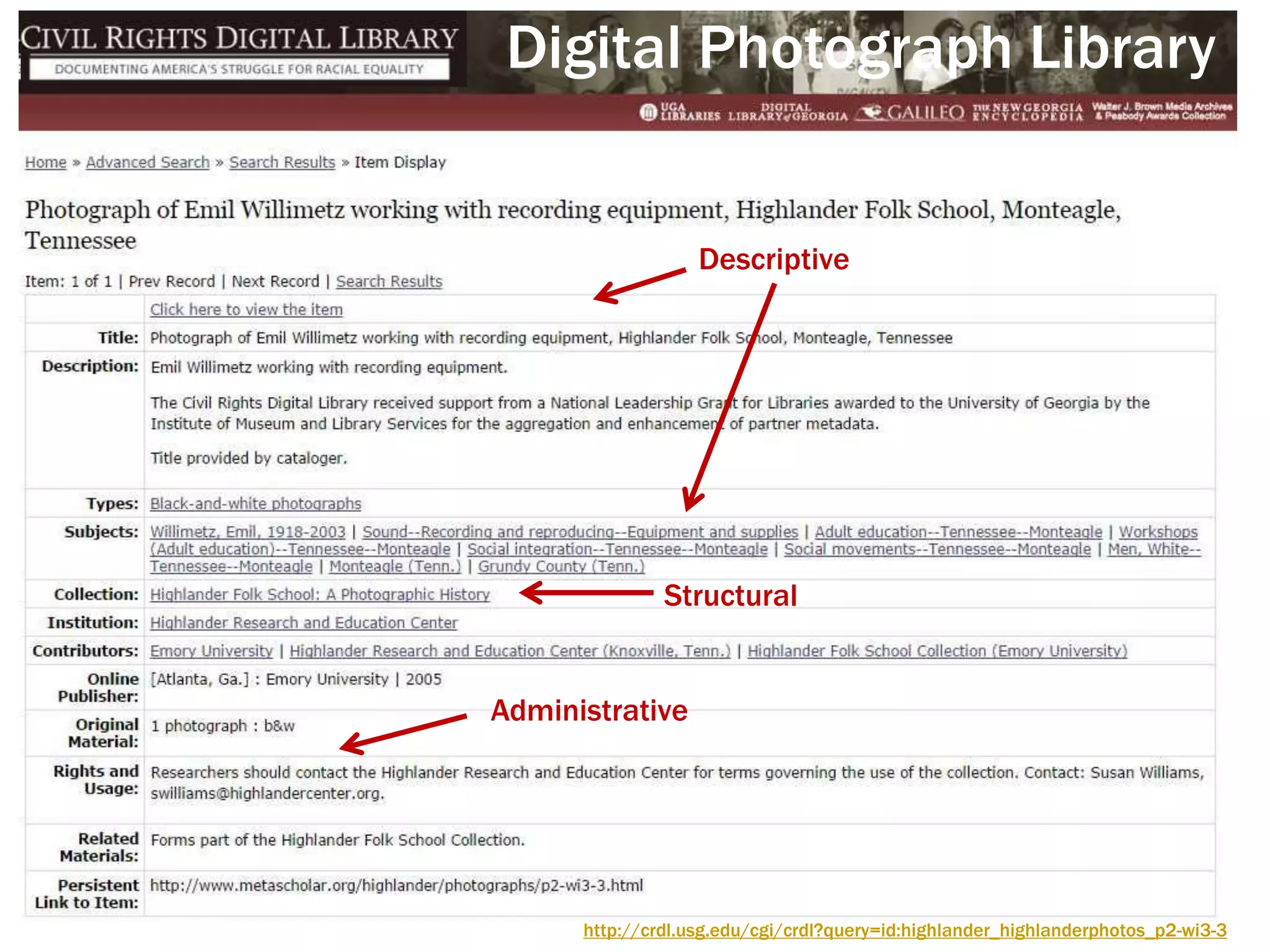 Descriptive
Structural
Administrative
Digital Photograph Library
http://crdl.usg.edu/cgi/crdl?query=id:highlander_highlanderphotos_p2-wi3-3
 