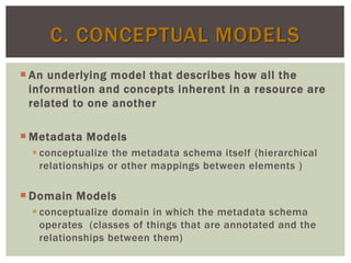  An underlying model that describes how all the
information and concepts inherent in a resource are
related to one anothe...
