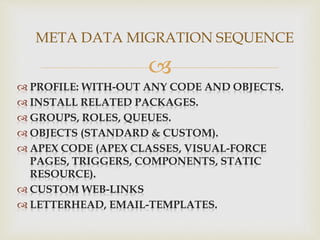 
 PROFILE: WITH-OUT ANY CODE AND OBJECTS.
 INSTALL RELATED PACKAGES.
 GROUPS, ROLES, QUEUES.
 OBJECTS (STANDARD & CUSTOM).
 APEX CODE (APEX CLASSES, VISUAL-FORCE
PAGES, TRIGGERS, COMPONENTS, STATIC
RESOURCE).
 CUSTOM WEB-LINKS
 LETTERHEAD, EMAIL-TEMPLATES.
META DATA MIGRATION SEQUENCE
 