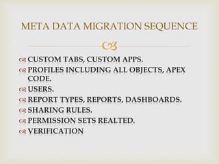 
 CUSTOM TABS, CUSTOM APPS.
 PROFILES INCLUDING ALL OBJECTS, APEX
CODE.
 USERS.
 REPORT TYPES, REPORTS, DASHBOARDS.
 SHARING RULES.
 PERMISSION SETS REALTED.
 VERIFICATION
META DATA MIGRATION SEQUENCE
 