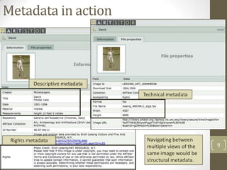 SEI 2013

6/19/2013

Metadata in action

Descriptive metadata
Technical metadata

Rights metadata

Navigating between
multiple views of the
same image would be
structural metadata.

9

 