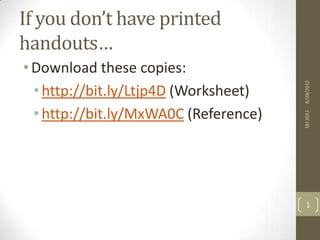 SEI 2012

• Download these copies:
• http://bit.ly/Ltjp4D (Worksheet)
• http://bit.ly/MxWA0C (Reference)

6/20/2012

If you don’t have printed
handouts…

1

 