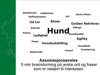 Assosiasjonsøvelse  5 min brainstorming på andre ord og fraser som er relatert til interessen  