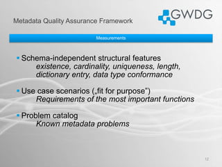 Metadata Quality Assurance Framework
12
Measurements
 Schema-independent structural features
existence, cardinality, uniq...