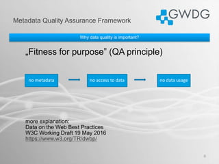 Metadata Quality Assurance Framework
6
Why data quality is important?
„Fitness for purpose” (QA principle)
no metadata no ...