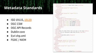 Metadata Standards
● ISO 19115, 19139
● OGC CSW
● OGC API Records
● Dublin core
● Esri shp.xml
● FGDC / NIEM
 