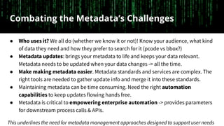 Combating the Metadata’s Challenges
● Who uses it? We all do (whether we know it or not)! Know your audience, what kind
of...