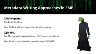 Metadata Writing Approaches in FME
XMLTemplater
Pro: Easier to set up
Con: Working with xml fragments - not schema aware
X...