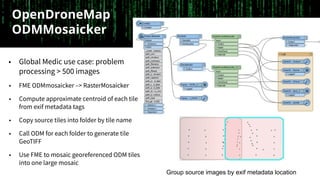 OpenDroneMap
ODMMosaicker
• Global Medic use case: problem
processing > 500 images
• FME ODMmosaicker –> RasterMosaicker
•...