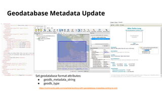 Geodatabase Metadata Update
Set geodatabase format attributes:
● geodb_metadata_string
● geodb_type
https://community.safe...