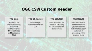 OGC CSW Custom Reader
The Goal
Access a CSW
metadata catalog
to support
workflows for the
OGC Maritimes
and Boundaries
Pil...