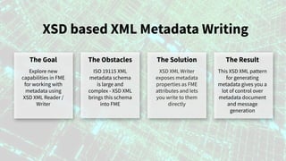 XSD based XML Metadata Writing
The Goal
Explore new
capabilities in FME
for working with
metadata using
XSD XML Reader /
W...