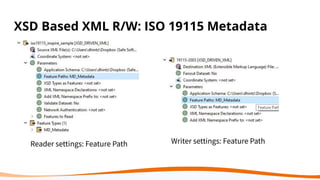 XSD Based XML R/W: ISO 19115 Metadata
Reader settings: Feature Path Writer settings: Feature Path
 