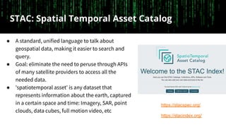 STAC: Spatial Temporal Asset Catalog
● A standard, unified language to talk about
geospatial data, making it easier to sea...