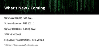 What’s New / Coming
OGC CSW Reader - Oct 2021
SchemaScanner - FME 2021.1
OGC API Records - Spring 2022
STAC - FME 2022
FME...
