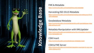 Knowledge
Base
FME & Metadata
https://community.safe.com/s/article/fme-and-metadata
Harvesting ISO 19115 Metadata
https://...