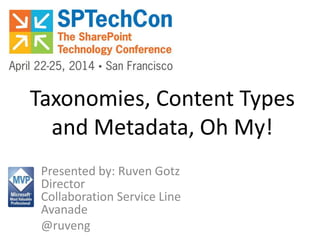 Taxonomies, Content Types
and Metadata, Oh My!
Presented by: Ruven Gotz
Director
Collaboration Service Line
Avanade
@ruveng
 