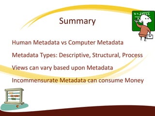 Summary
Human Metadata vs Computer Metadata
Metadata Types: Descriptive, Structural, Process
Views can vary based upon Metadata
Incommensurate Metadata can consume Money
 