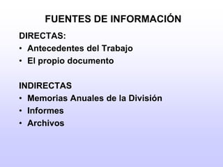 FUENTES DE INFORMACIÓNDIRECTAS:Antecedentes del TrabajoEl propio documentoINDIRECTASMemorias Anuales de la DivisiónInformesArchivos