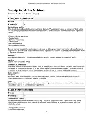 Encuesta a las Micro y Pequeñas Empresas (MYPES), 2008. - Descripción de los Archivos
- 7 -
Descripción de los Archivos
Contenido de la Base de Datos 3 archivo(s)
BASE1_DATOS_MYPES2008
# Casos 1
# Variable(s) 64
Contenido del Archivo
El contenido de esta base de datos corresponde al Capítulo 2 "Aspectos generales de la empresa" de la boleta
de encuesta (adjunta como material de referencia externo) donde se recopila información sobre los siguientes
temas:
- Organización de la empresa.
- Asociatividad.
- Servicios Financieros.
- Capacitación.
- Factores Adversos.
- Industria Manufacturera.
De esta manera, las variables contenidas en esta base de datos, proporcionan información sobre las formas de
organización, asociatividad, acceso a financiamiento, capacitación y factores adversos que enfrentaron las micro
y pequeñas empresas.
Productor
Dirección de Estadísticas e Indicadores Económicos (DEIE) - Instituto Nacional de Estadística (INE).
Versión
Versión oficial (Diciembre 2009).
Controles de Tratamiento
No existen estudios o datos referenciales al nivel de desagregación recopilados en la Encuesta MYPES por tanto
el método de consistencia aplicado es de tipo vertical; es decir, que se realiza en función a la tendencia que se
manifiesta en empresas de la misma actividad y con similar número de personal ocupado e ingresos.
Datos perdidos
No aplica.
No existen datos perdidos en esta encuesta porque todos los campos cuentan con información ya que los
mismos fueron llenados de manera correcta y completa.
Notas
Cabe señalar que la información de esta base de datos es generada a través de un sistema informático una vez
realizada el proceso de codificación correspondiente.
BASE2_DATOS_MYPES2008
# Casos 1
# Variable(s) 18
Contenido del Archivo
El contenido de esta base de datos corresponde al Capítulo 3 "Personal Ocupado y Remuneraciones" de la
boleta de encuesta (adjunta como material de referencia externo) donde se recopila información sobre los
siguientes temas:
- Categoría Ocupacional.
- Otras remuneraciones.
 