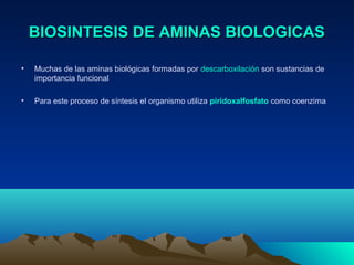 BIOSINTESIS DE AMINAS BIOLOGICASBIOSINTESIS DE AMINAS BIOLOGICAS
• Muchas de las aminas biológicas formadas por descarboxilación son sustancias de
importancia funcional
• Para este proceso de síntesis el organismo utiliza piridoxalfosfato como coenzima
 