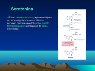 SerotoninaSerotonina
Es unEs un neurotransmisorneurotransmisor y ejerce múltiplesy ejerce múltiples
acciones regulatorias en el sistemaacciones regulatorias en el sistema
nervioso (mecanismo delnervioso (mecanismo del sueñosueño,, apetitoapetito,,
termorregulacióntermorregulación, percepción de, percepción de dolordolor,,
entre otras)entre otras)
 