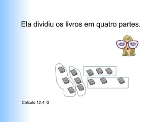 Ela dividiu os livros em quatro partes.




Cálculo 12:4=3
 